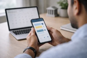 Tracking divorce case status on phone with calendar laptop in background
