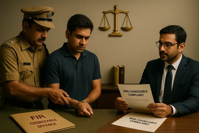 Indian officer arrests suspect as lawyer discusses non-cognizable complaint at desk