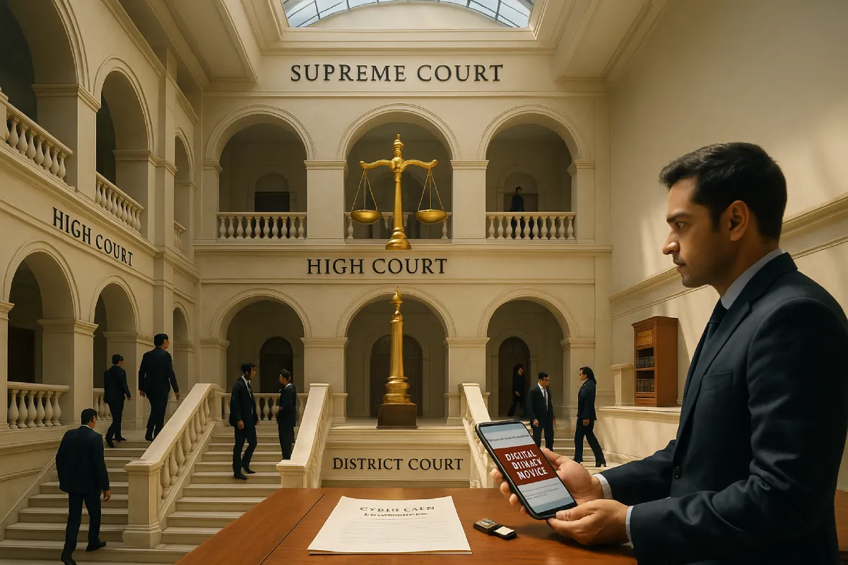 Multi-tier Indian courthouse atrium showing District, High, and Supreme Court levels