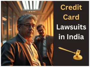 Credit card lawsuit in India concept with two lawyers and a gavel symbol in a legal office.