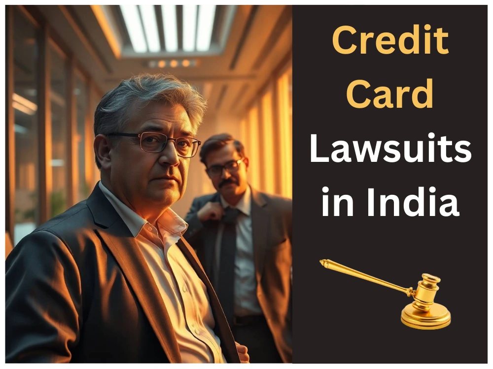 Credit card lawsuit in India concept with two lawyers and a gavel symbol in a legal office.
