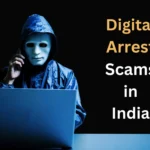 Scammer using laptop and phone representing digital arrest fraud in India.