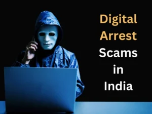 Scammer using laptop and phone representing digital arrest fraud in India.