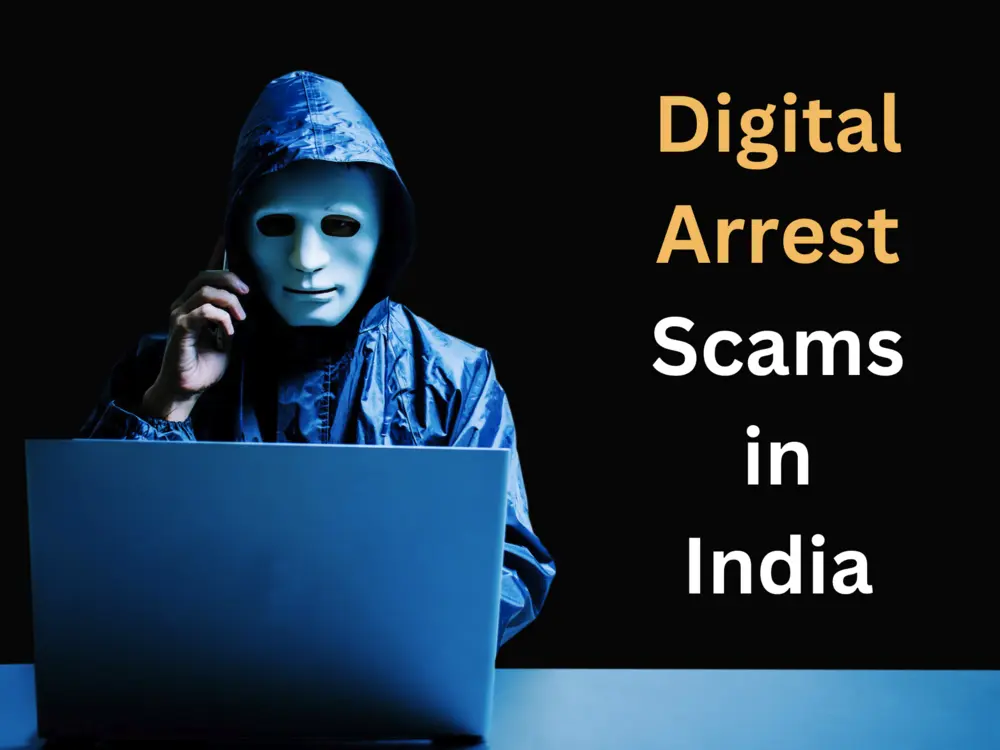 Scammer using laptop and phone representing digital arrest fraud in India.