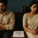 Indian couple seated apart with divorce petition and rings between them in courtroom