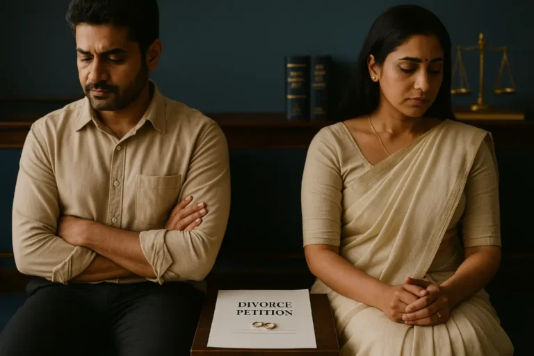 Indian couple seated apart with divorce petition and rings between them in courtroom
