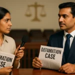 Indian journalist with microphone interviews lawyer on defamation case in courtroom
