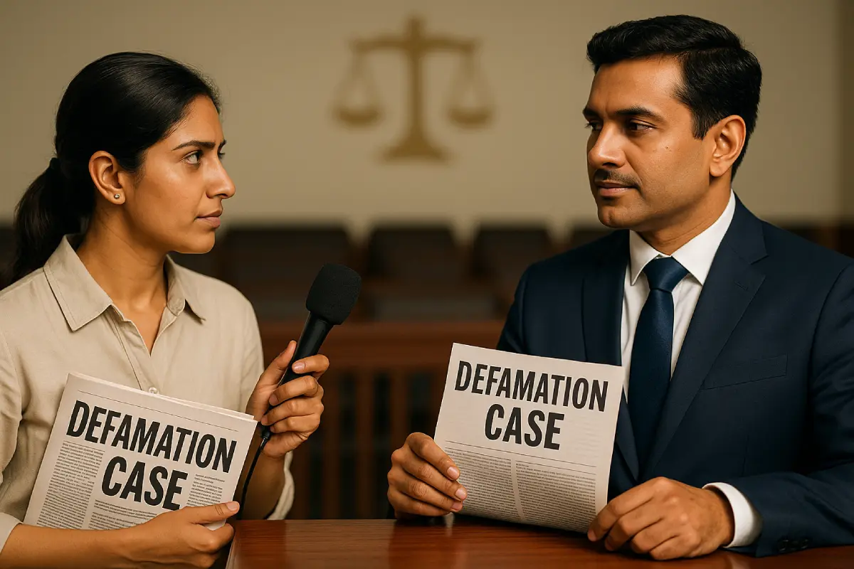 Indian journalist with microphone interviews lawyer on defamation case in courtroom