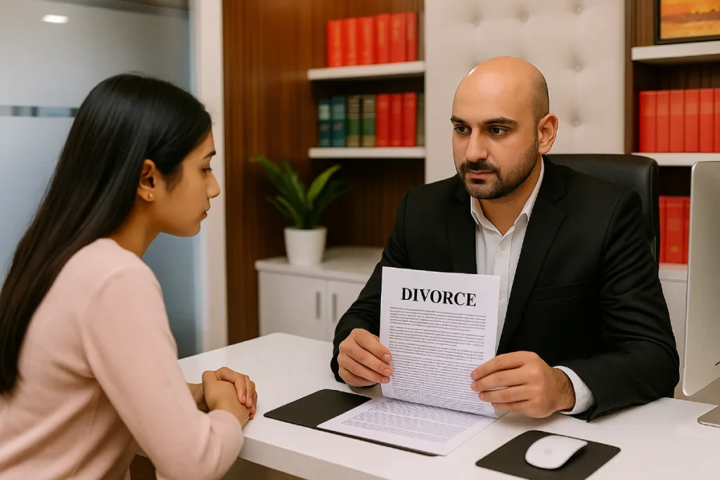 Client consulting with divorce lawyers in Bangalore over divorce papers at a family court desk.