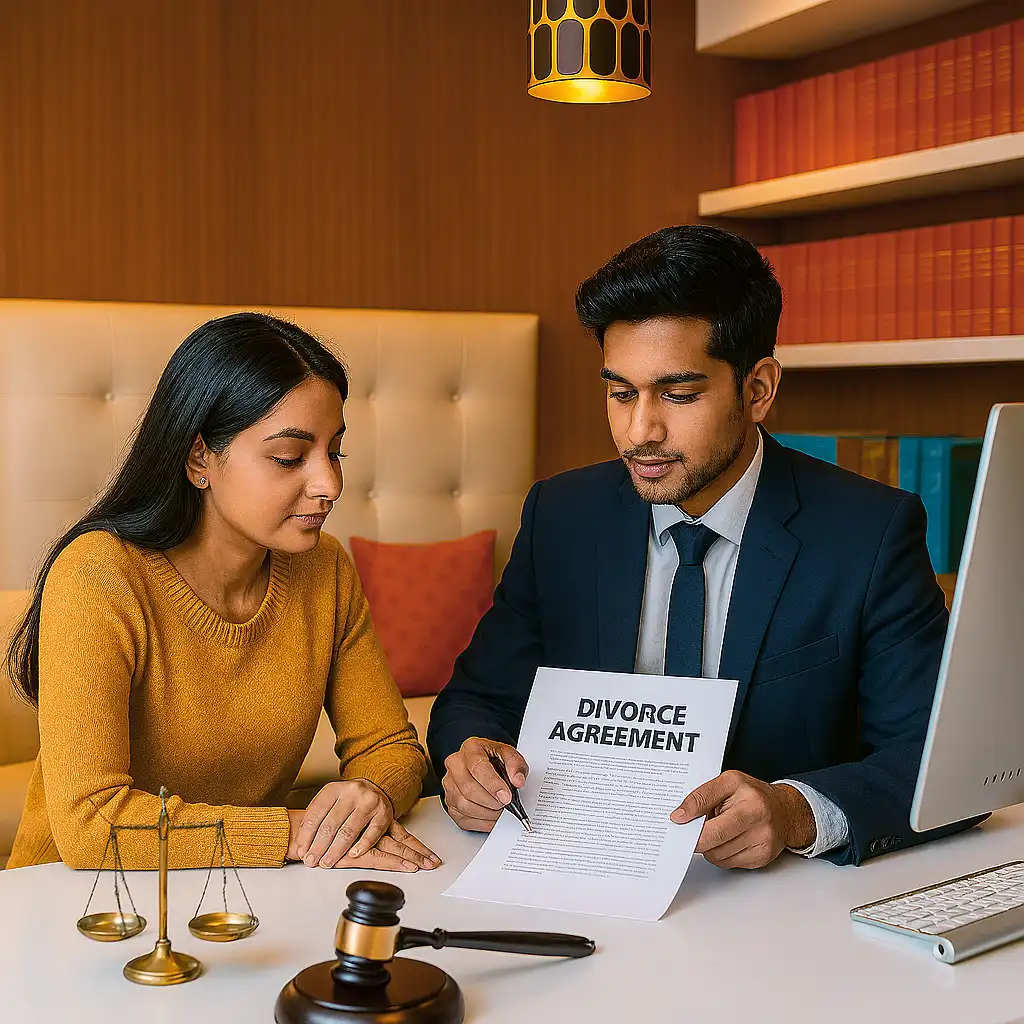 Client consulting divorce advocate in Bangalore in a modern, bright law office.