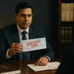 Indian lawyer holding returned cheque marked insufficient funds in legal office setting