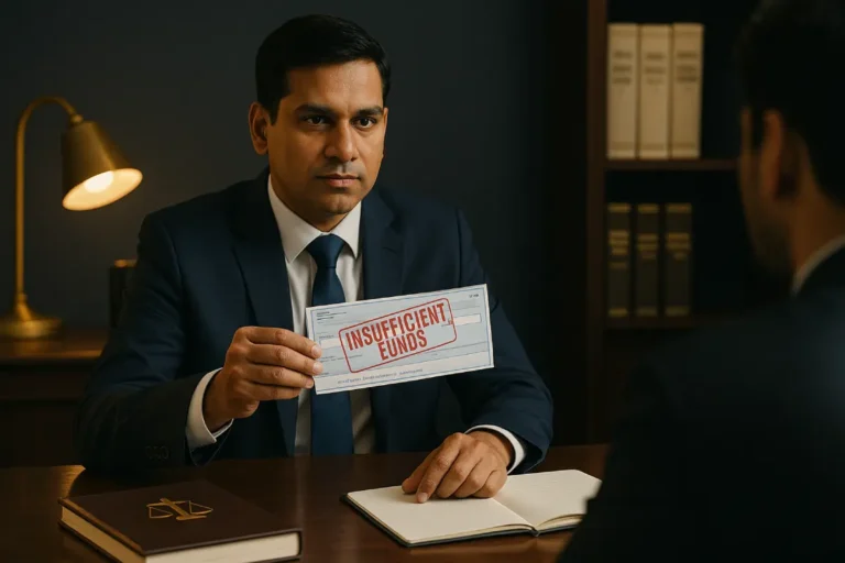 Indian lawyer holding returned cheque marked insufficient funds in legal office setting