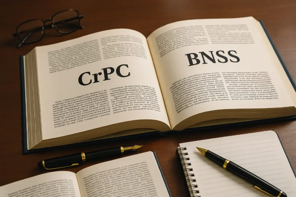 Close-up of open CrPC and BNSS code books with pen, notepad, and glasses on desk