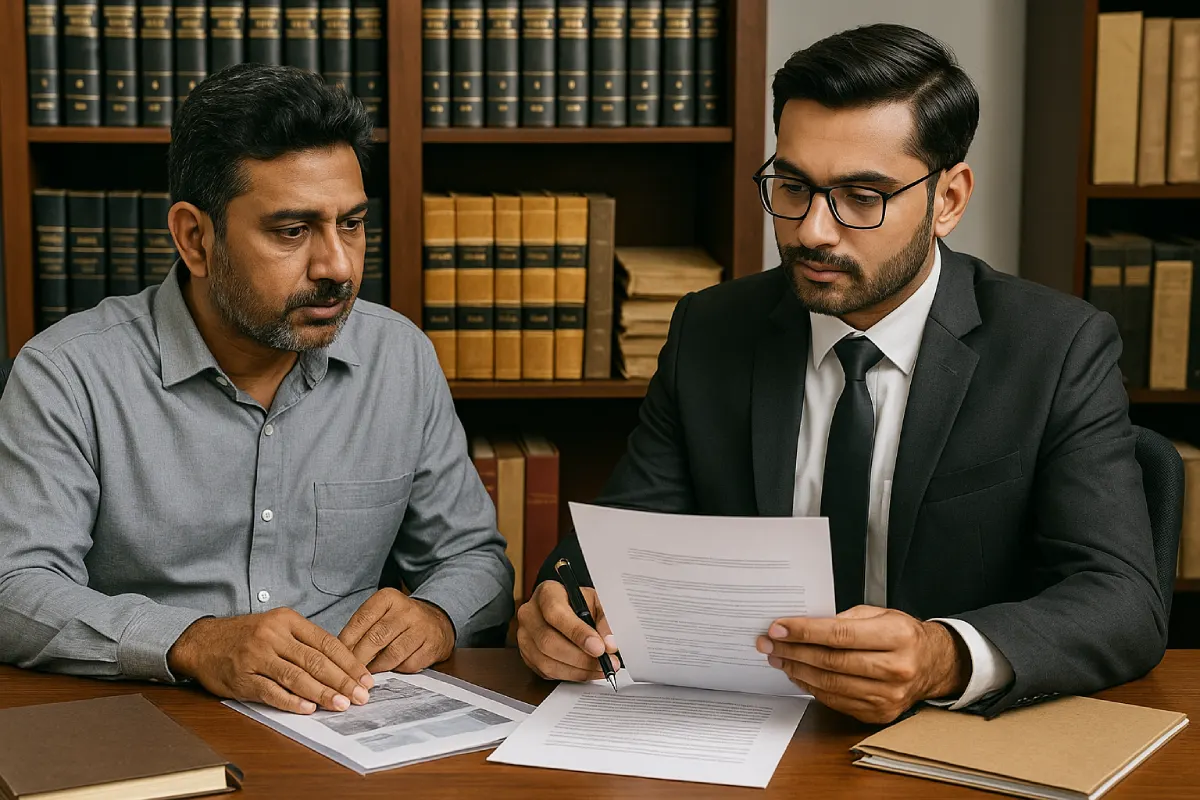 Legal Process for Consumer Dispute Resolution Consumer reviewing dispute documents with a lawyer in an office
