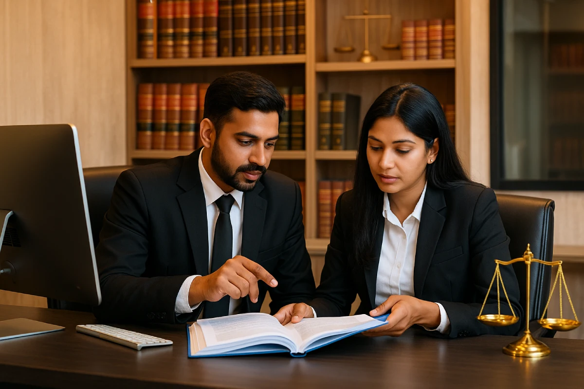 Criminal Lawyers in Bangalore reviewing case files at a modern office desk with justice scales.