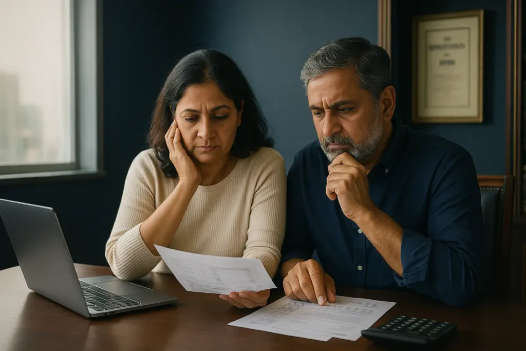 Indian couple reviewing financial documents at law office table with laptop and calculator