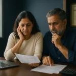 Indian couple reviewing financial documents at law office table with laptop and calculator