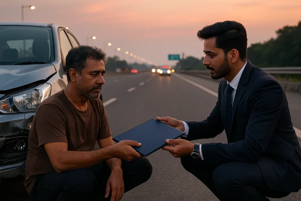 Lawyer offering a folder to accident survivor beside crashed car at dusk; road accident legal support