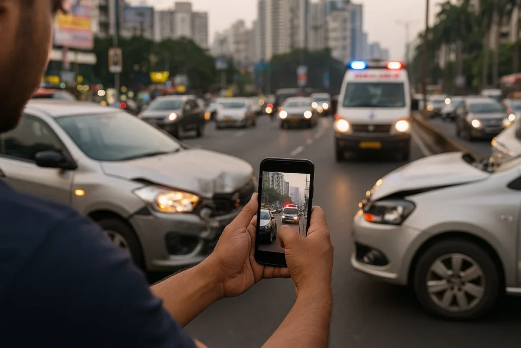 Person photographing a minor crash on Mumbai street with ambulance – need for accident lawyer