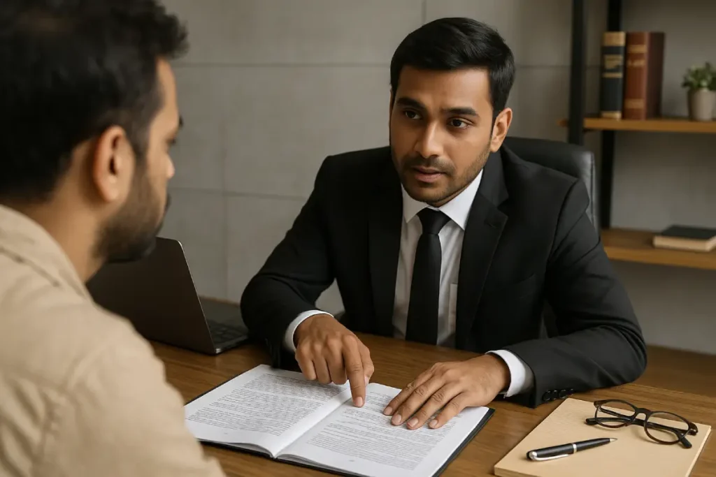 Indian criminal lawyer consulting client over legal documents in modern office with laptop

