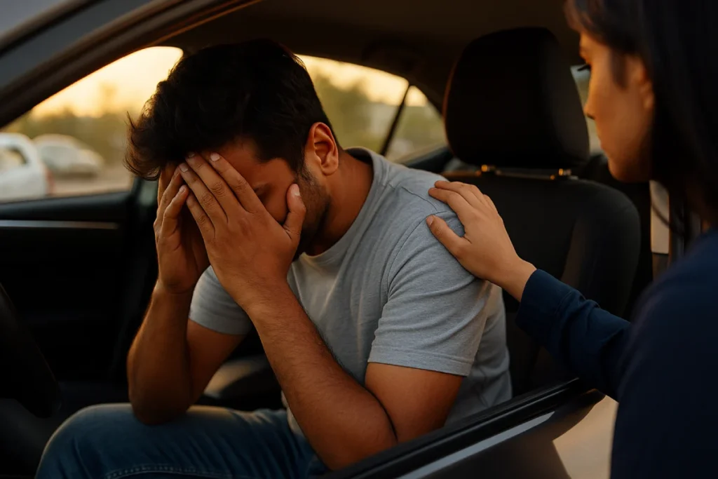 Distressed crash survivor in car head in hands with friend comforting – need for accident lawyer