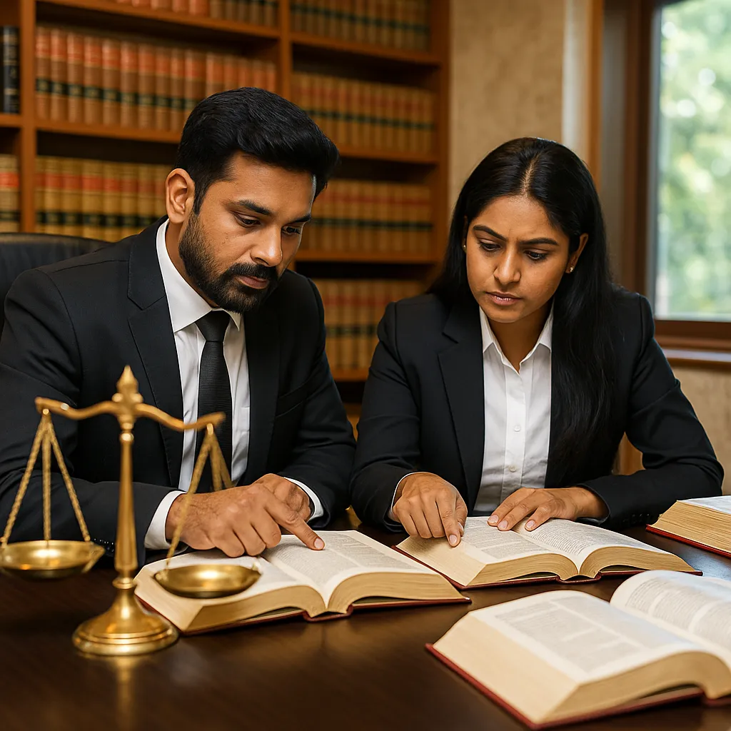 Criminal Lawyers in Bangalore studying legal code volumes in a bright office with justice scales.