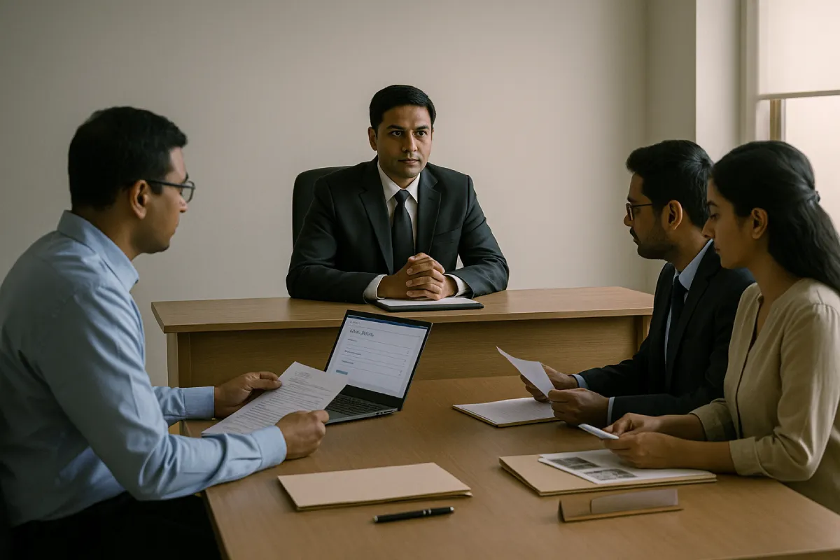 Formal adjudication hearing with Indian officer, homebuyer, lawyer, and developer