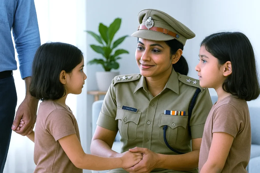 Female Indian police officer meeting child in safe space for child protection law India