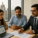 Indian couple consulting lawyer on apartment plans with Vidhana Soudha view – RERA in Karnataka