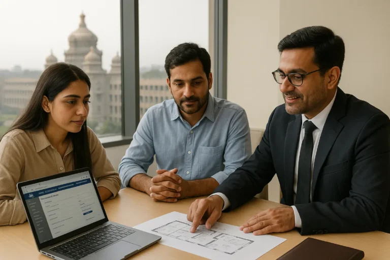 Indian couple consulting lawyer on apartment plans with Vidhana Soudha view – RERA in Karnataka