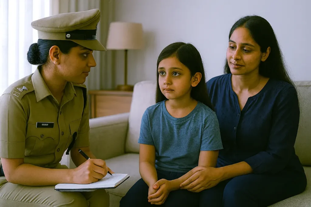 Indian police officer recording child statement for POCSO Act legal process