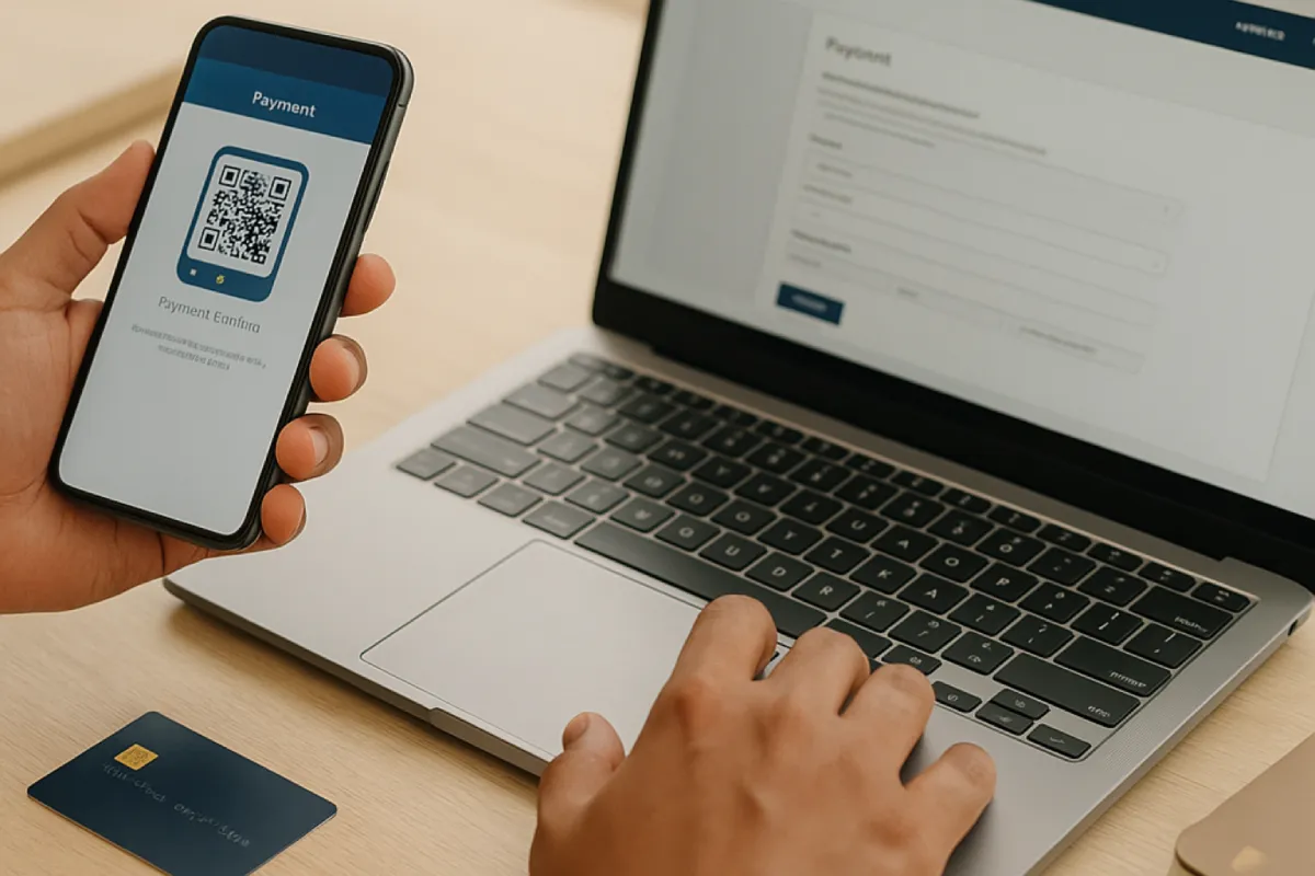 Online payment by Indian homebuyer on laptop and smartphone UPI portal for RERA fee