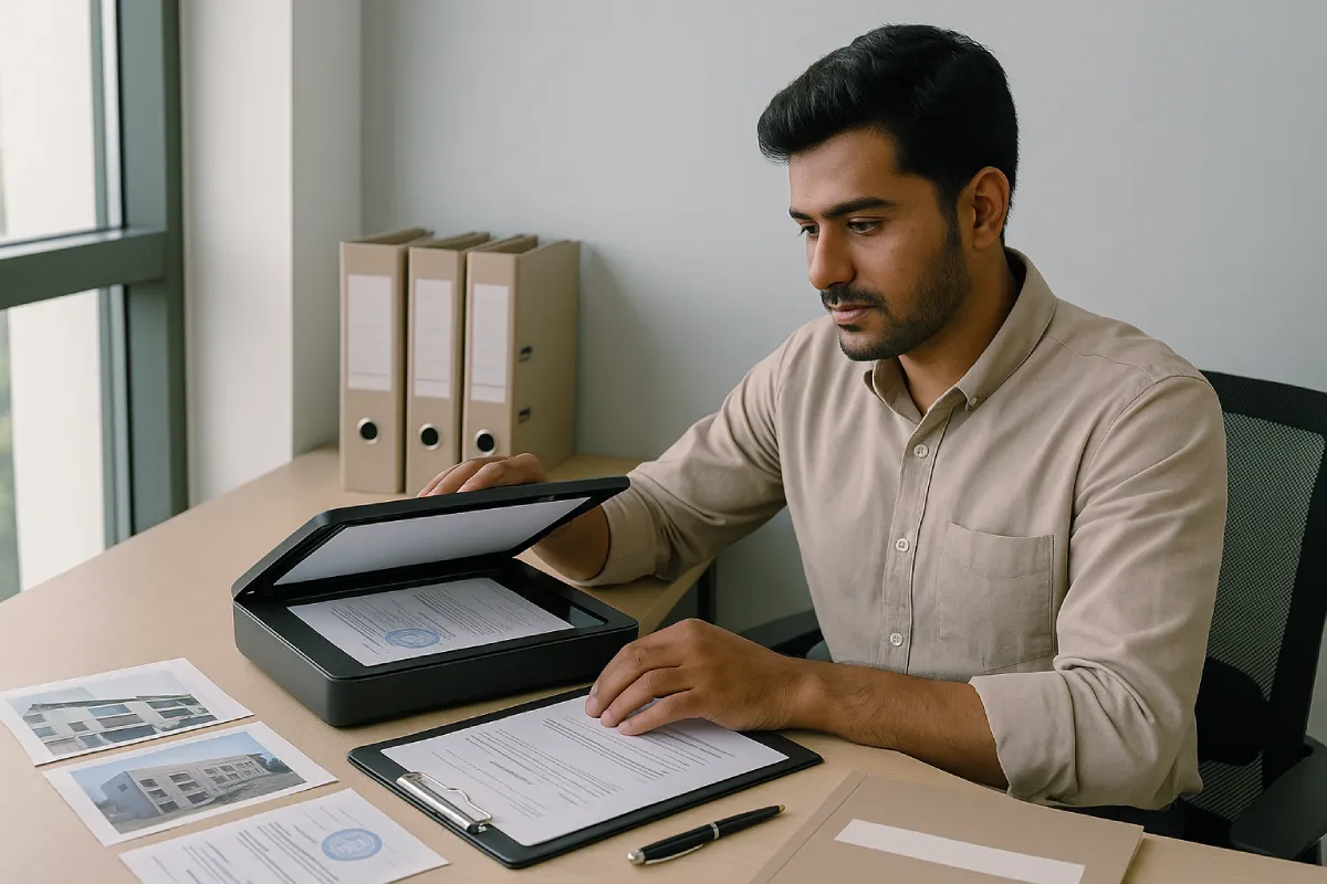 Indian homebuyer scanning property documents with folders and receipts organized