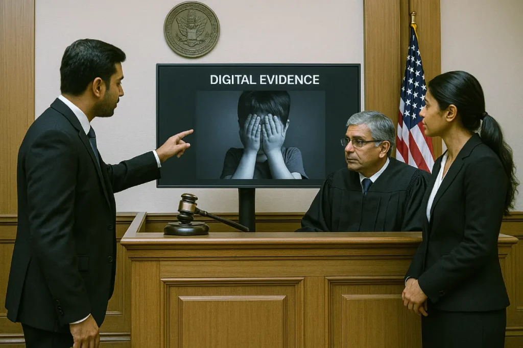 Judge and lawyers reviewing digital evidence in child protection law India case