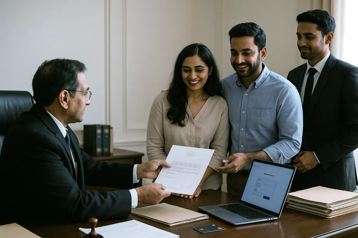 Indian adjudicating officer handing stamped order to homebuyer couple with lawyer