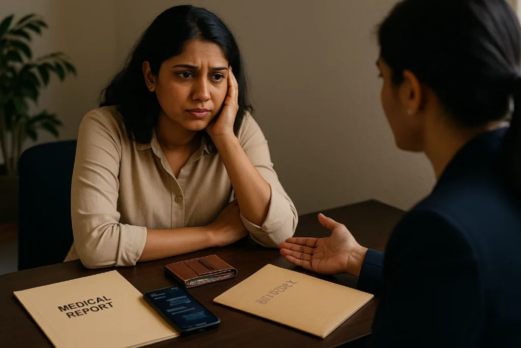 Woman with counselor reviewing evidence for domestic violence law in India support