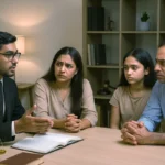 Indian lawyer meeting parents and child in office under POCSO Act guidance