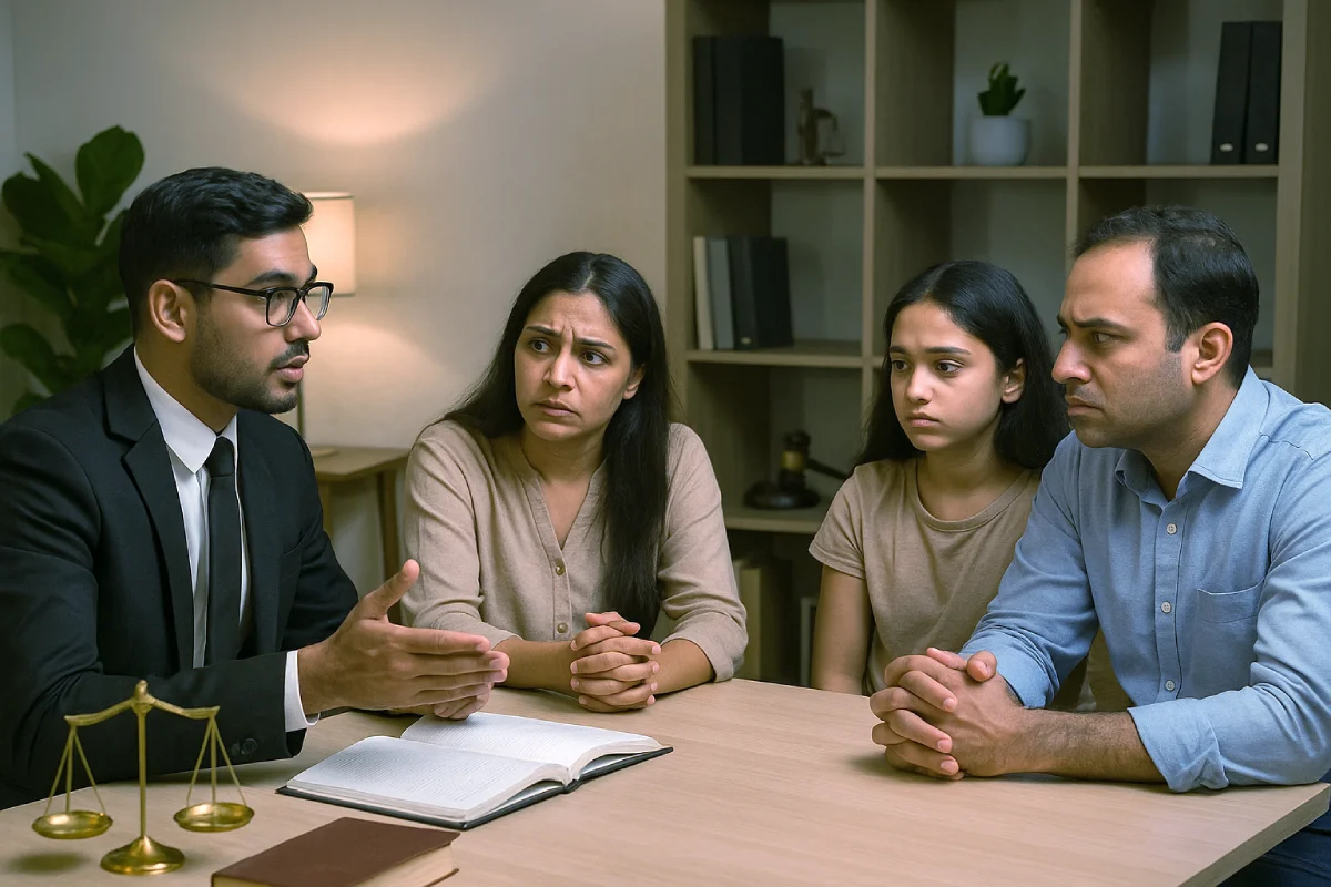 Indian lawyer meeting parents and child in office under POCSO Act guidance