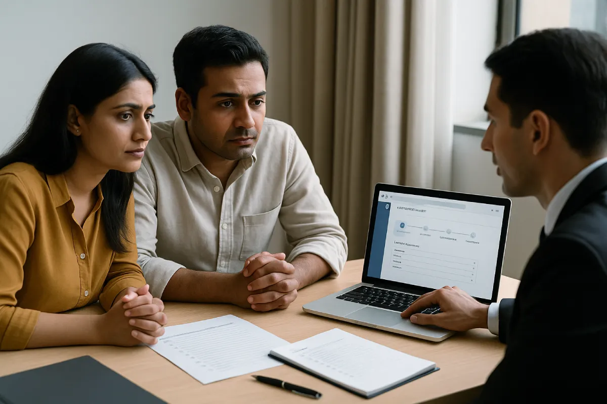 Property lawyer guiding Indian couple through K-RERA complaint process on laptop