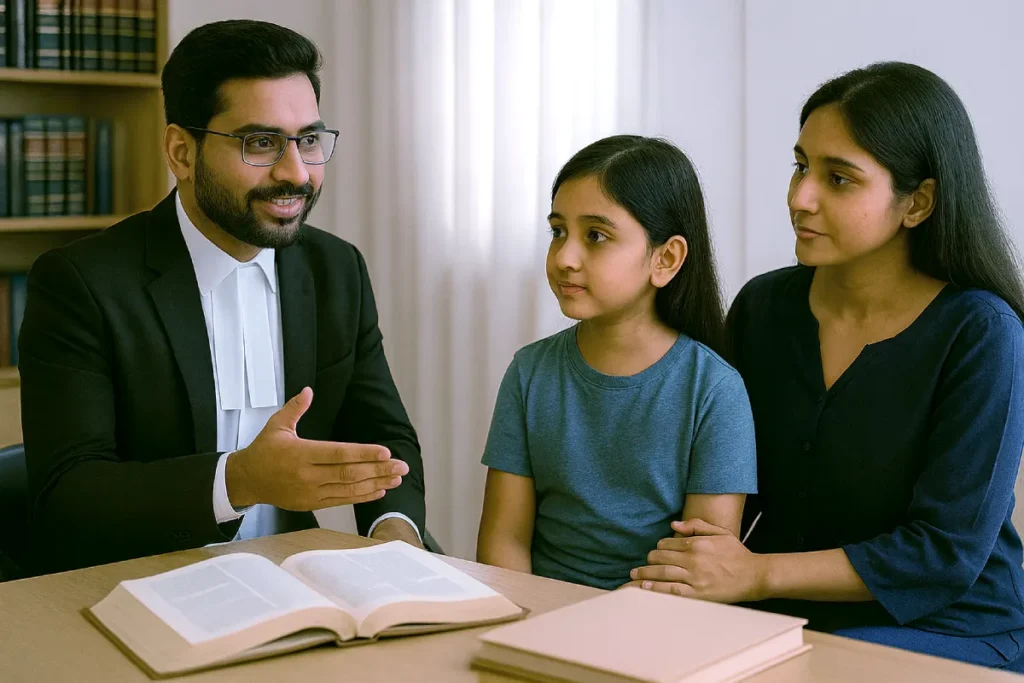 Confident lawyer advising family on POCSO Act and child protection law India