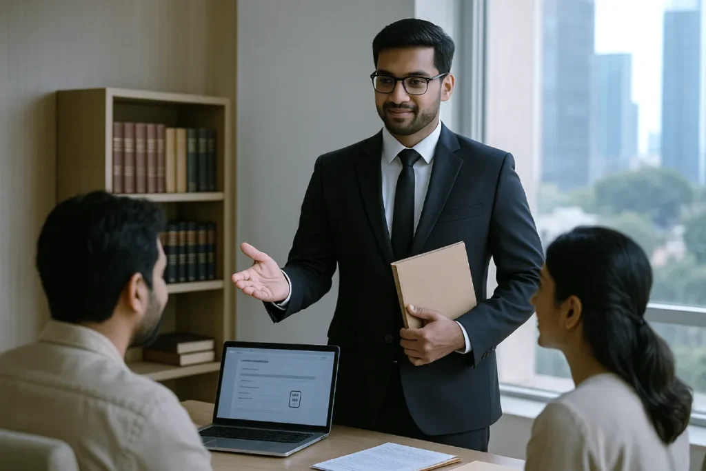 Confident Indian property lawyer reassuring client in modern office with city view
