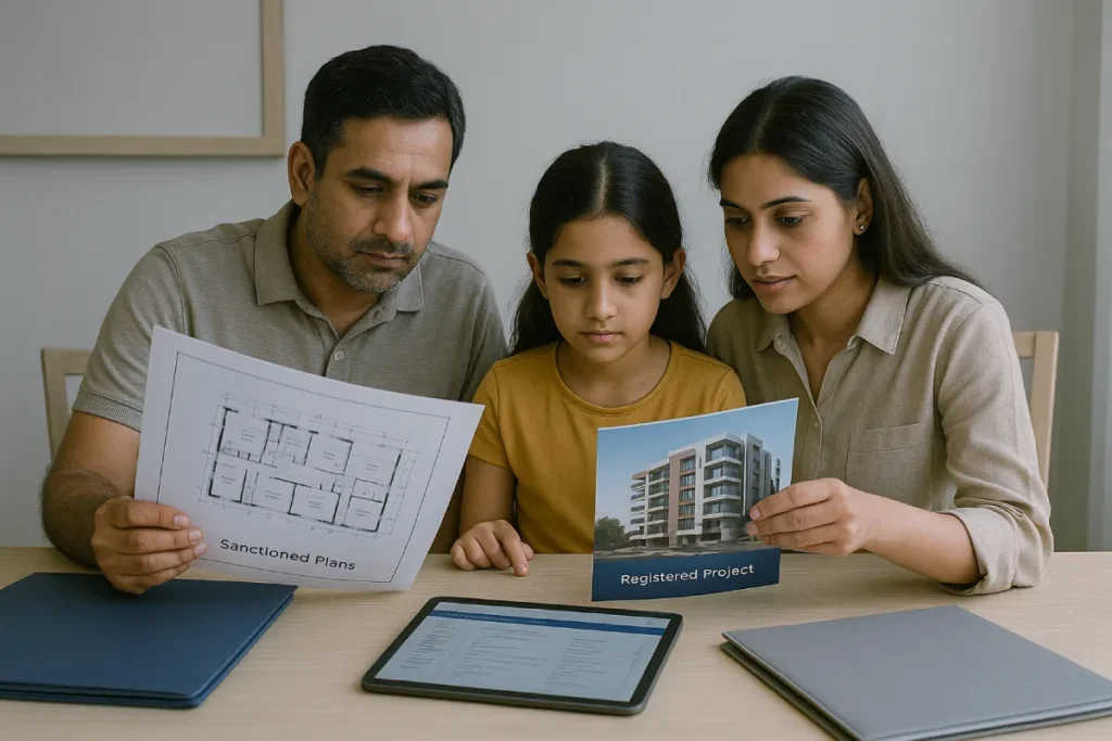 Indian family reviewing sanctioned home plans and registered project brochure together