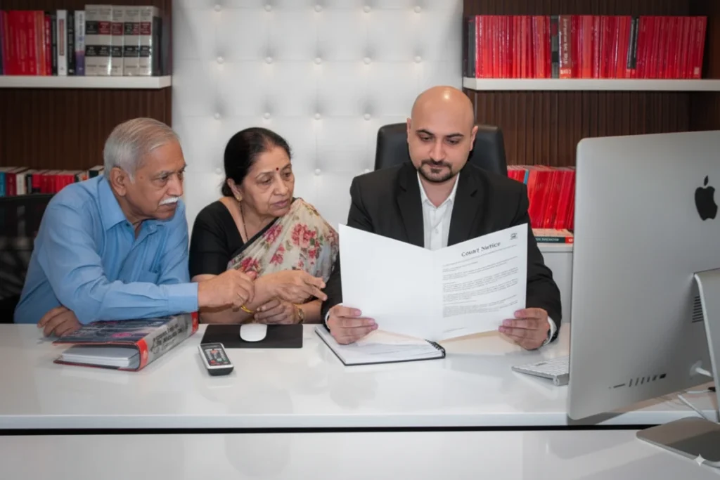 Indian lawyer reviewing a court notice with senior clients, clarifying appearance date
