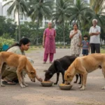 Resident feeding stray dogs in a housing society park while families observe