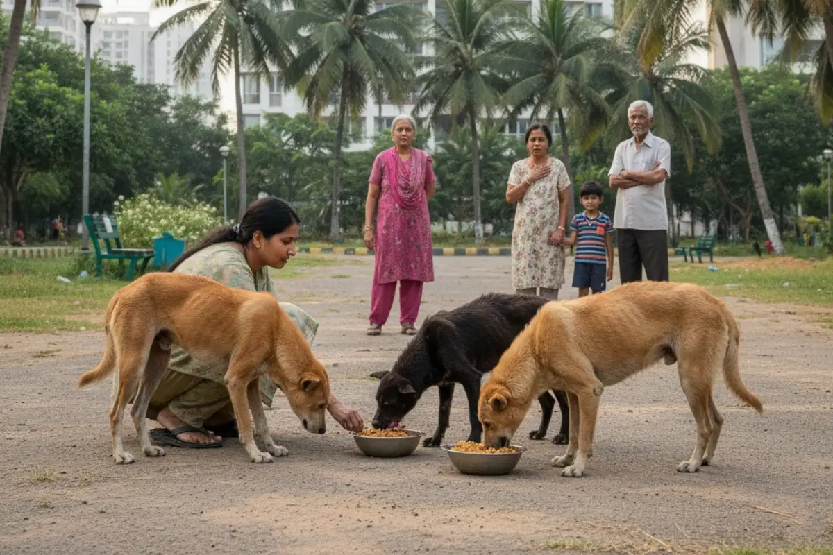 Resident feeding stray dogs in a housing society park while families observe