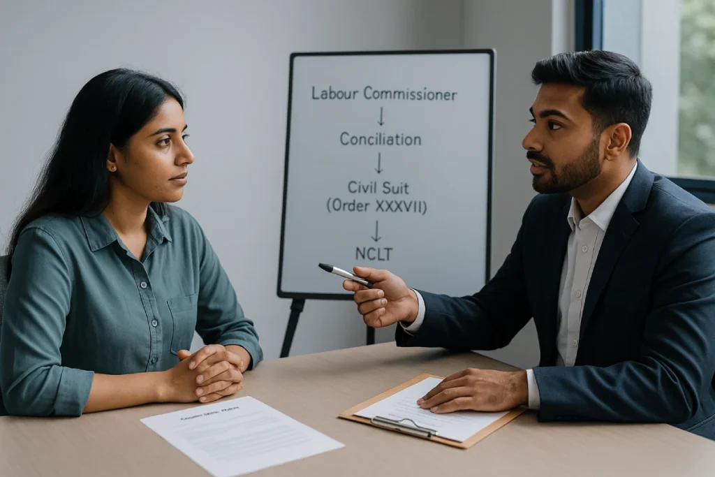 Legal remedies for unpaid salary in Bengaluru: employee with labour lawyer and whiteboard
