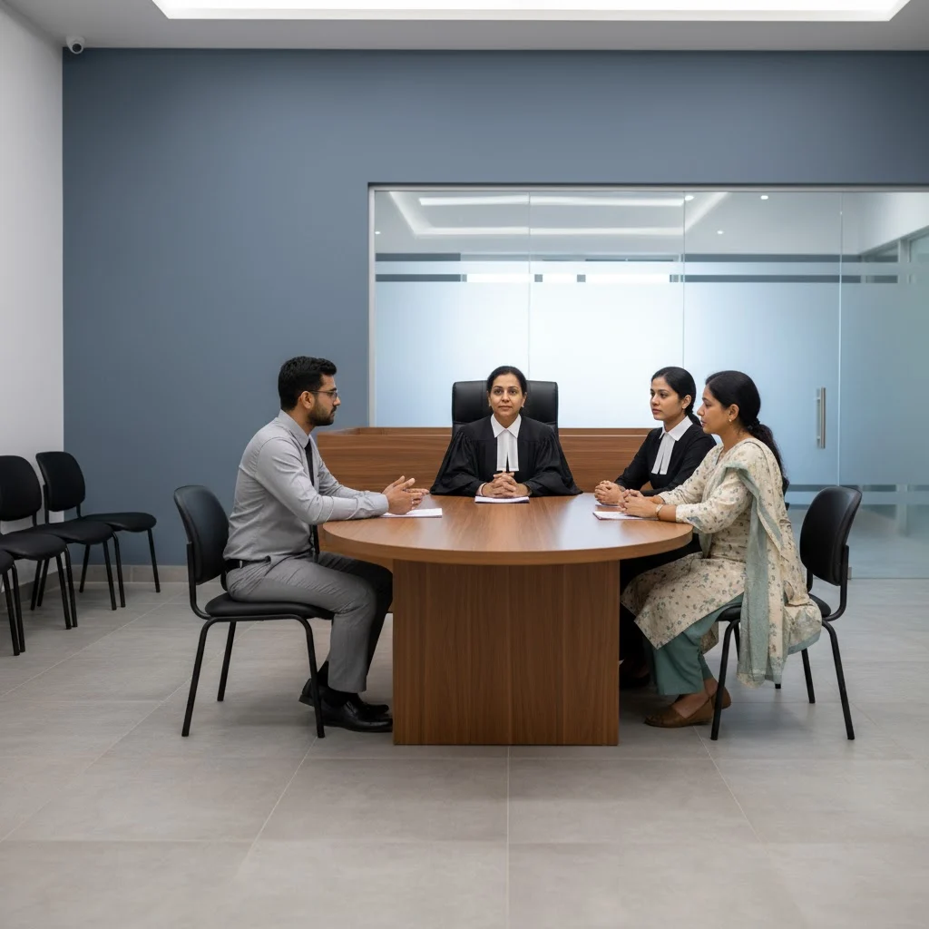 Family court child custody hearing with Indian mother and father