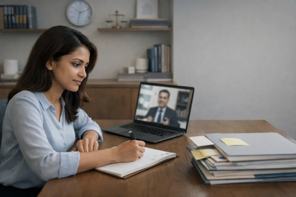 Indian woman learning core divorce concepts on video call with lawyer