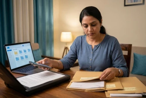 Indian woman organising legal documents as evidence for divorce case
