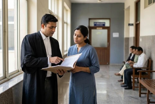 Indian woman with lawyer outside family court for mediation and hearing
